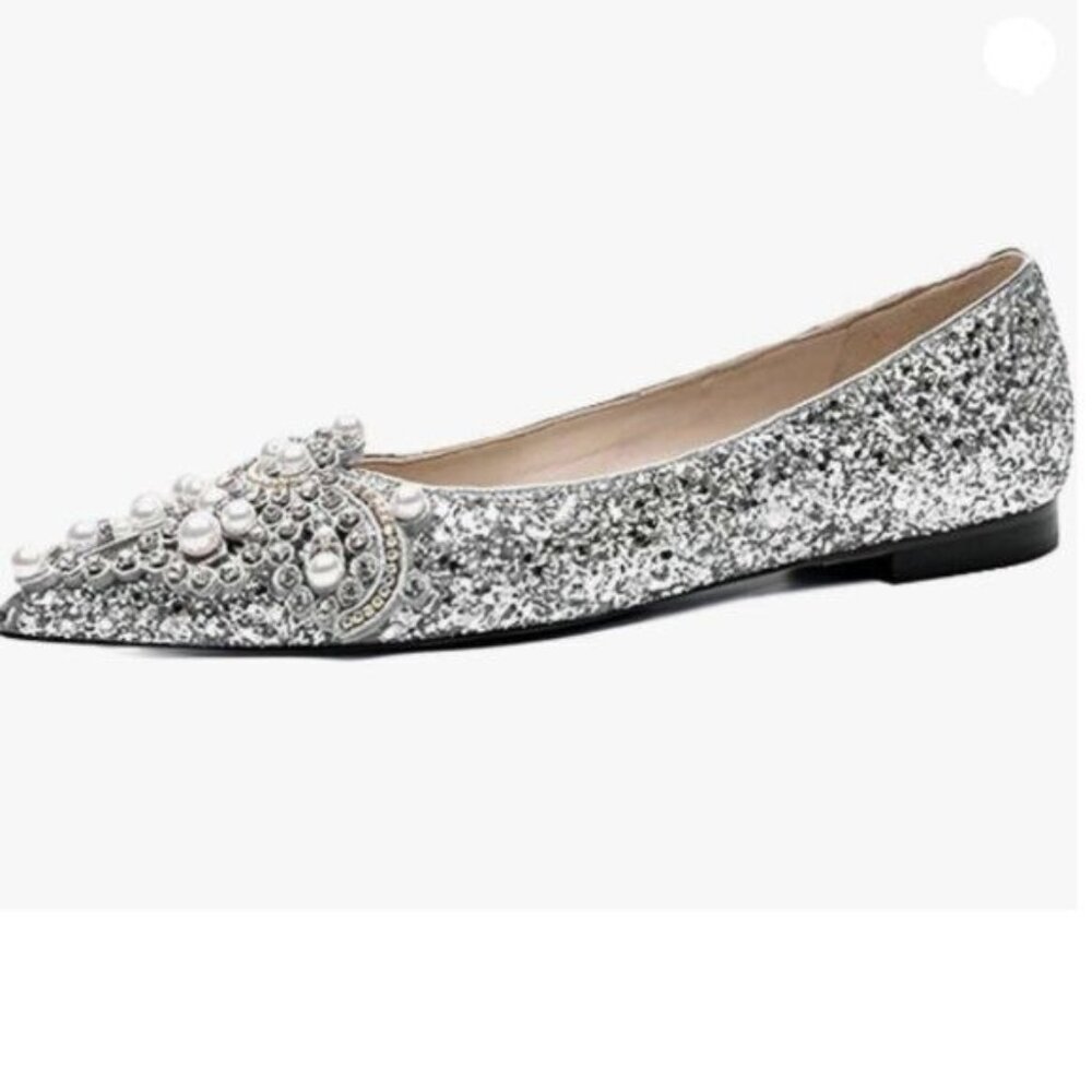 XYD Women's Sense of Luxury Pointed Toe Jewelry Pearl Studs Slip On Embroidery